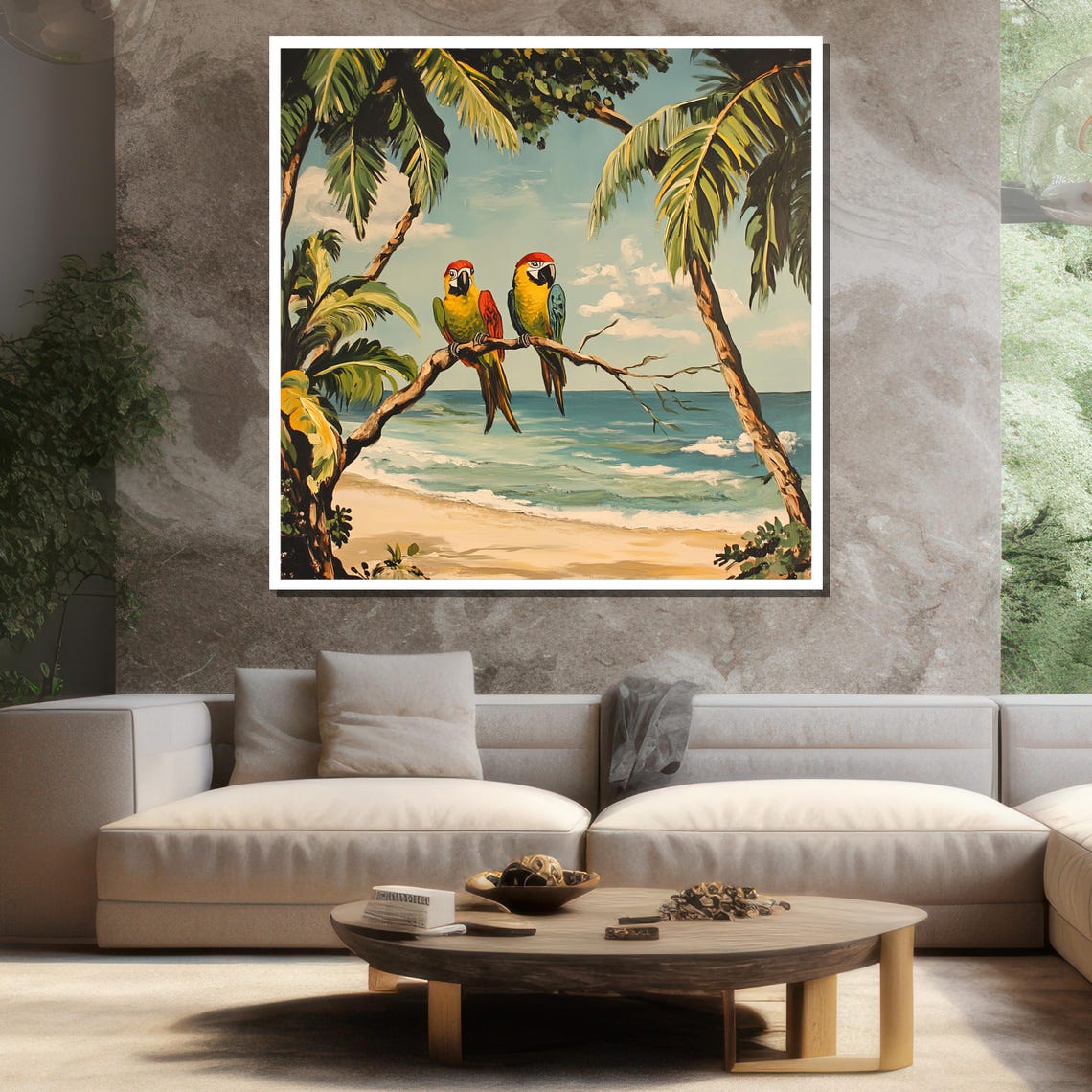 Parrots Beach Palm Trees Tropical Macaw Pair Coastal Wall Art - Image 3