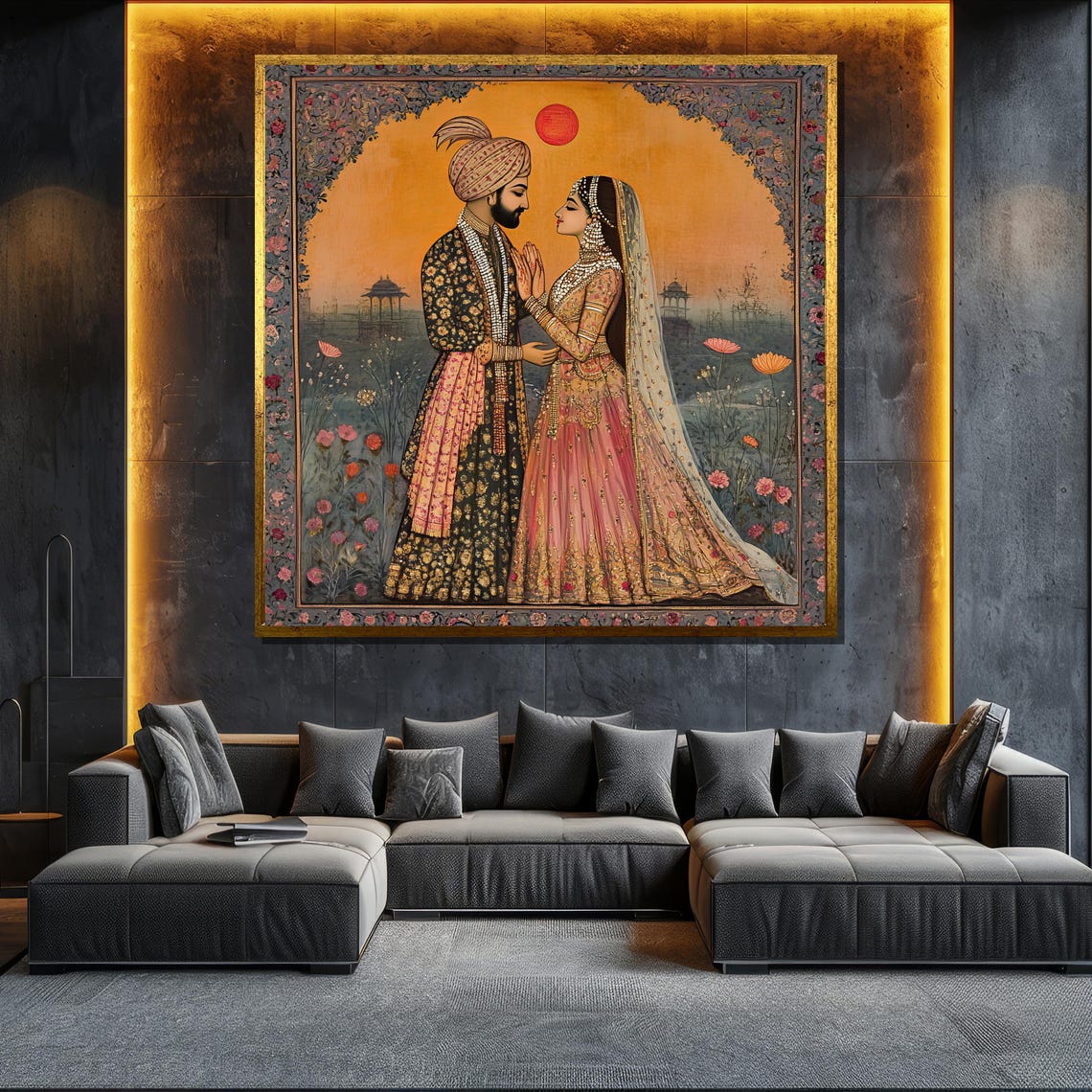 Romantic Indian Wedding Couple Mughal Style Sunset Garden Art Poster