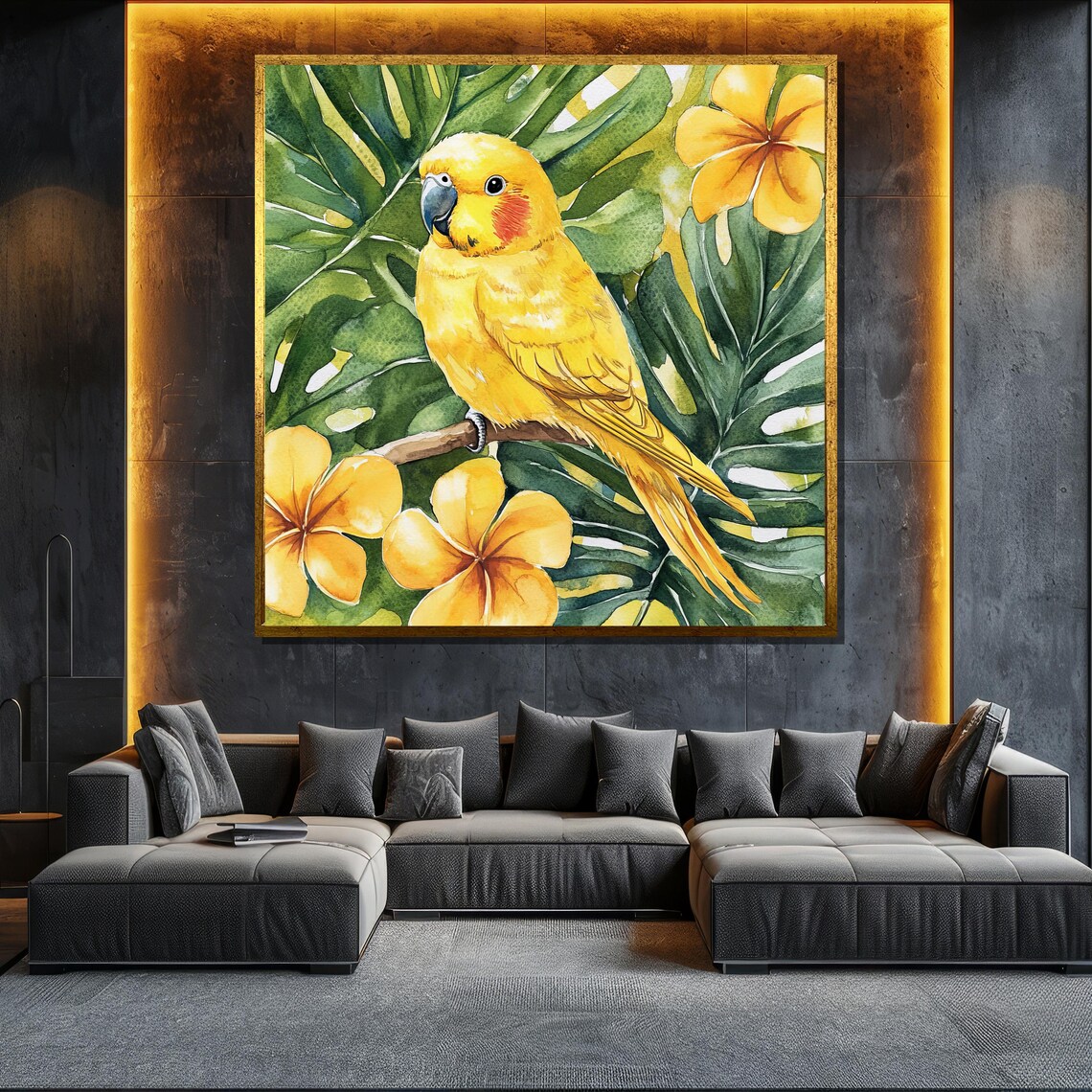 Yellow Parrot Tropical Watercolor Monstera Flower Bird Wall Poster