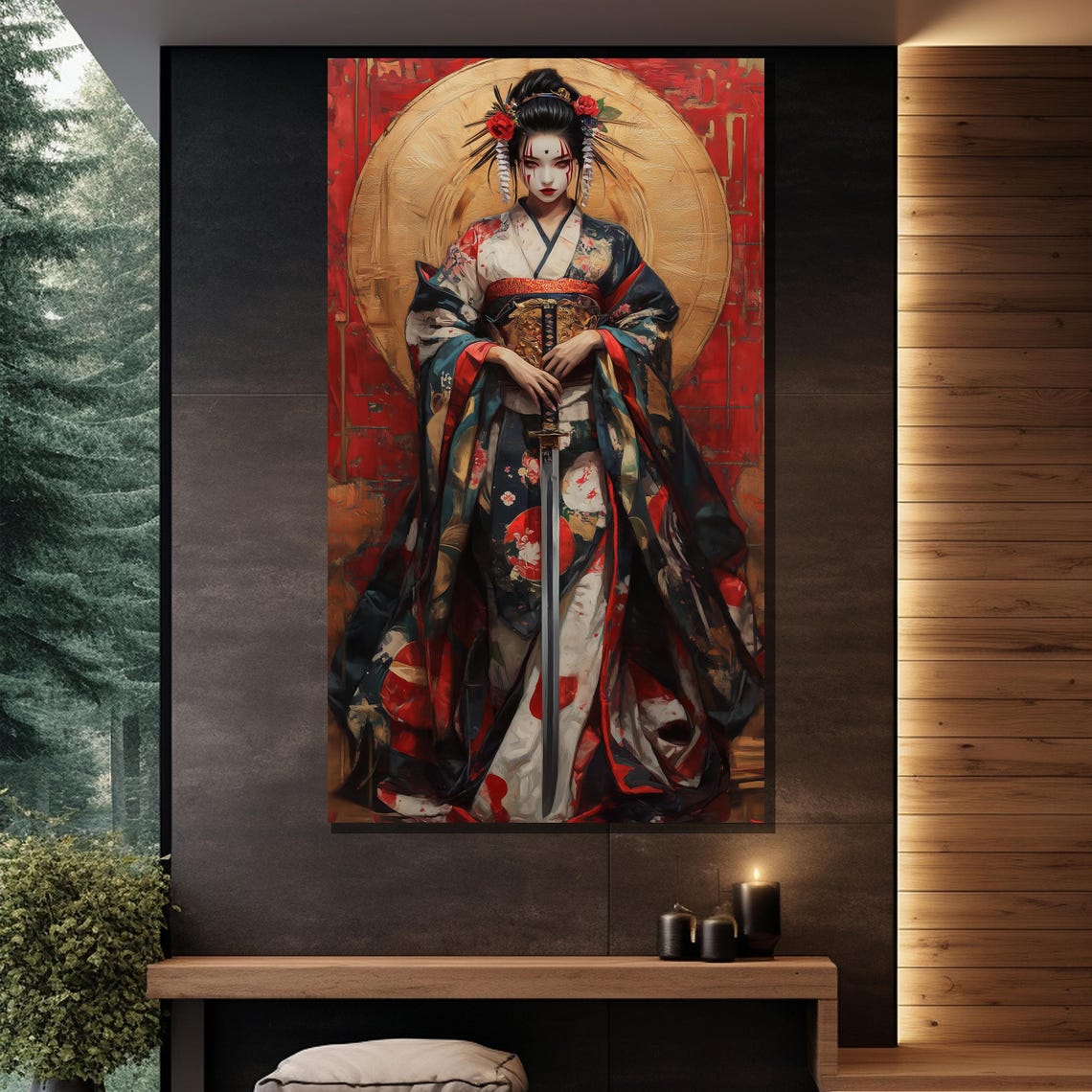 Samurai Geisha Warrior Katana Red Moon Colorful Kimono Japanese Poster - Image 2