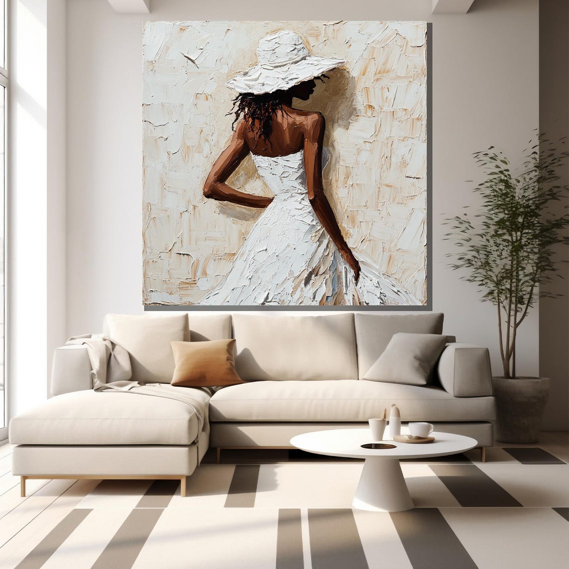 Elegant Woman in White Hat Textured Impasto Abstract Canvas Wall Art - Image 2