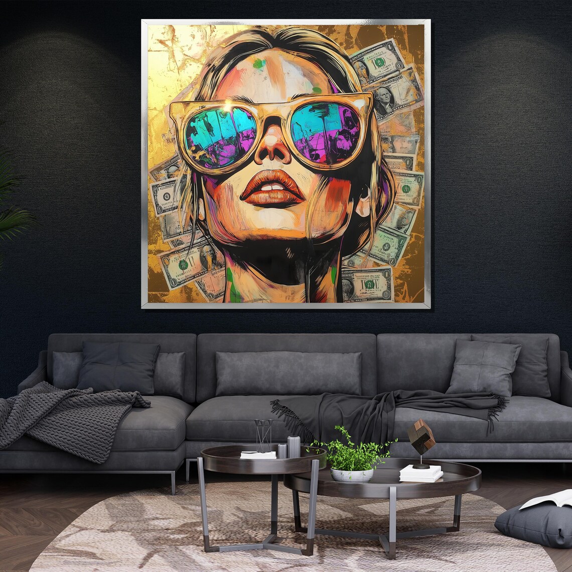 Woman Sunglasses Pop Art Dollar Bills Bold Neon Urban Modern Wall Poster - Image 4