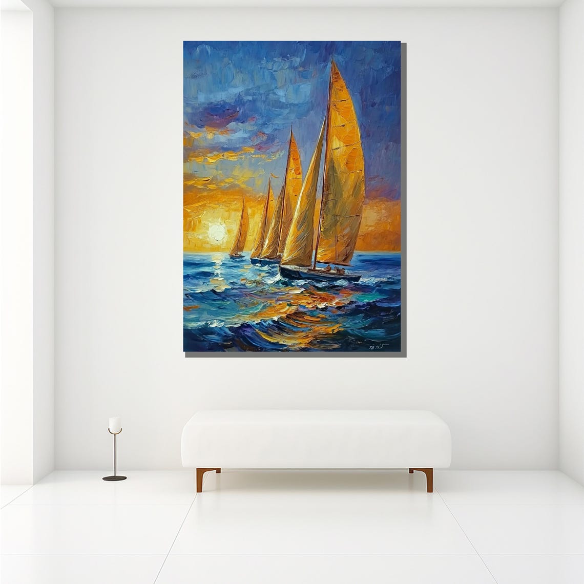 Sailing Boats At Sunset Golden Sails Ocean Oil Painting Art Poster - Image 2