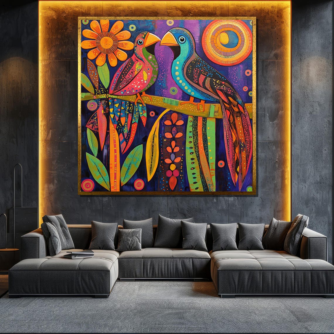 Colorful Parrots Folk Art Vibrant Stylized Pair Birds Wall Art