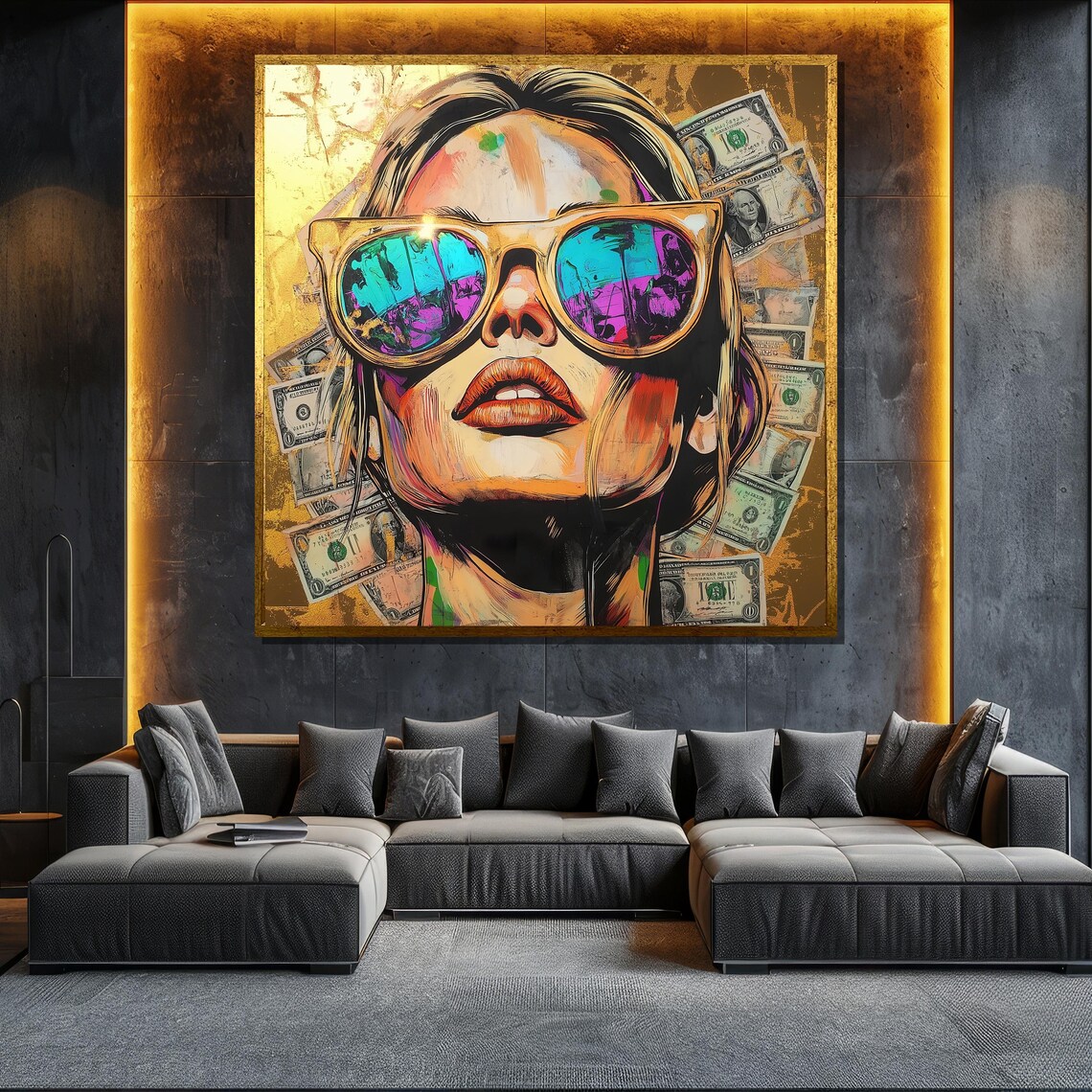 Woman Sunglasses Pop Art Dollar Bills Bold Neon Urban Modern Wall Poster