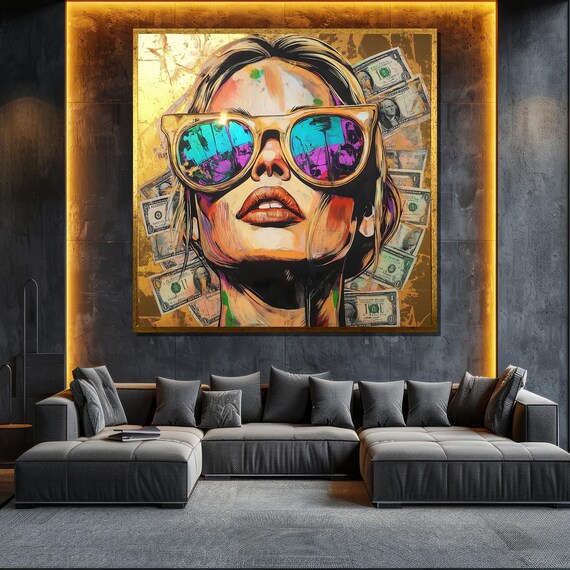 Woman Sunglasses Pop Art Dollar Bills Bold Neon Urban Modern Wall Poster