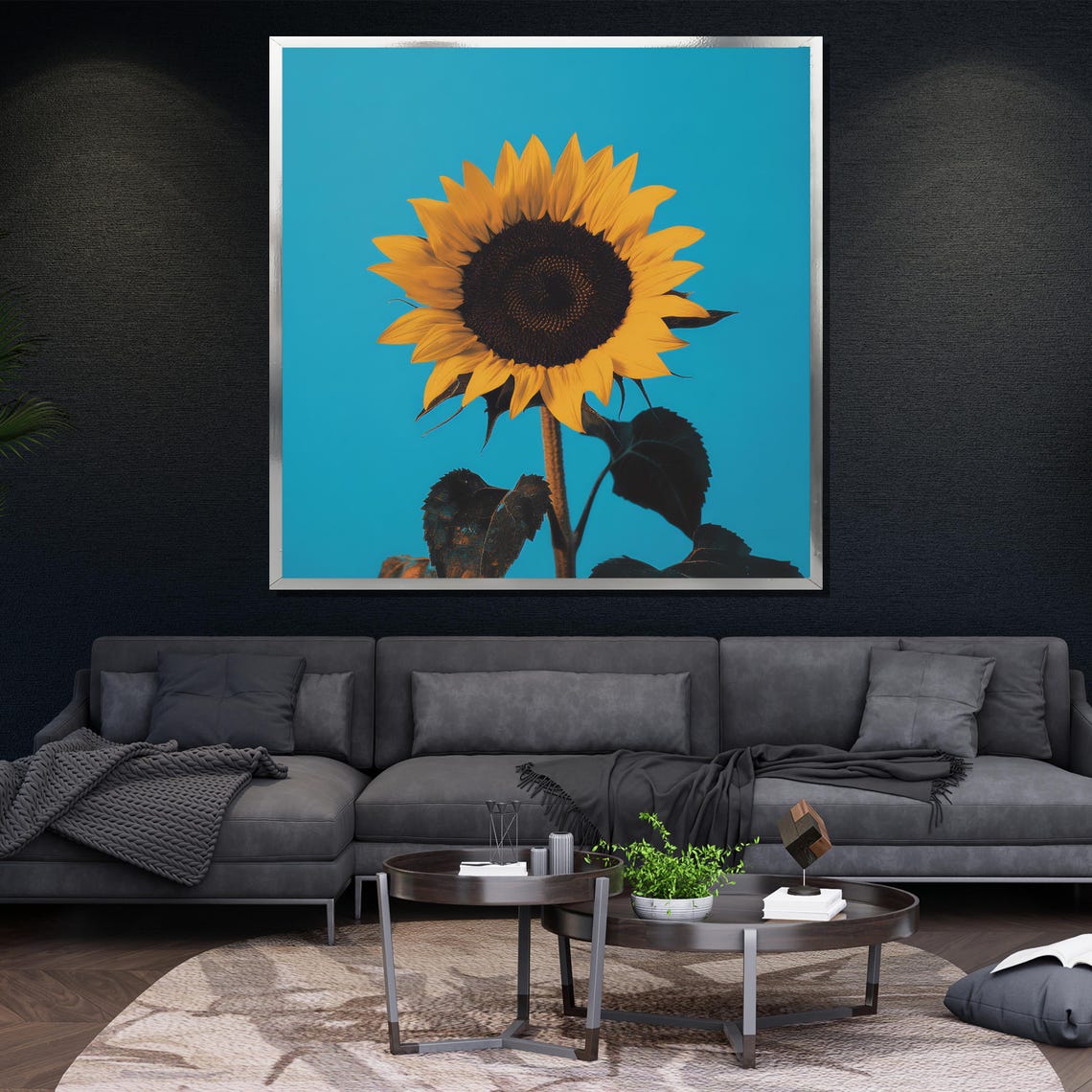 Sunflower Against Bright Turquoise Blue Background Modern Art Poster - Image 4