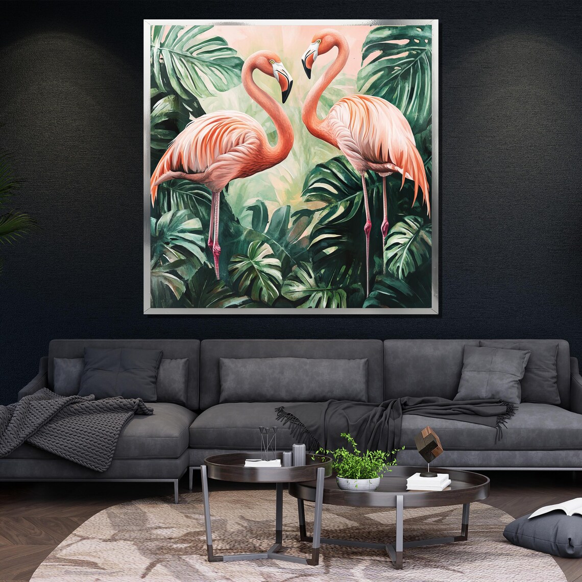 Two Pink Flamingos Monstera Leaves Tropical Watercolor Bird Art Poster - Image 4