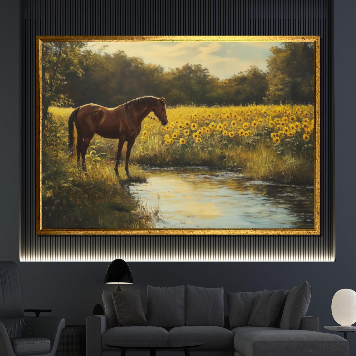 Chestnut Horse Sunflower Field Stream Golden Evening Rustic Wall Art