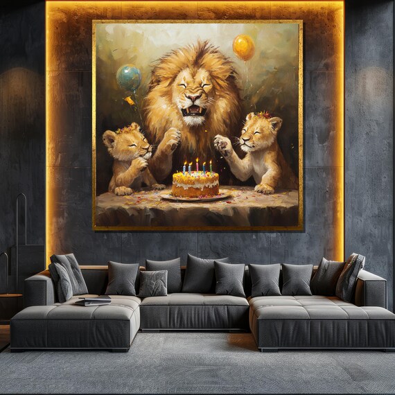 Lion Family Birthday Cake Balloons Cute Wildlife Art Wall Poster