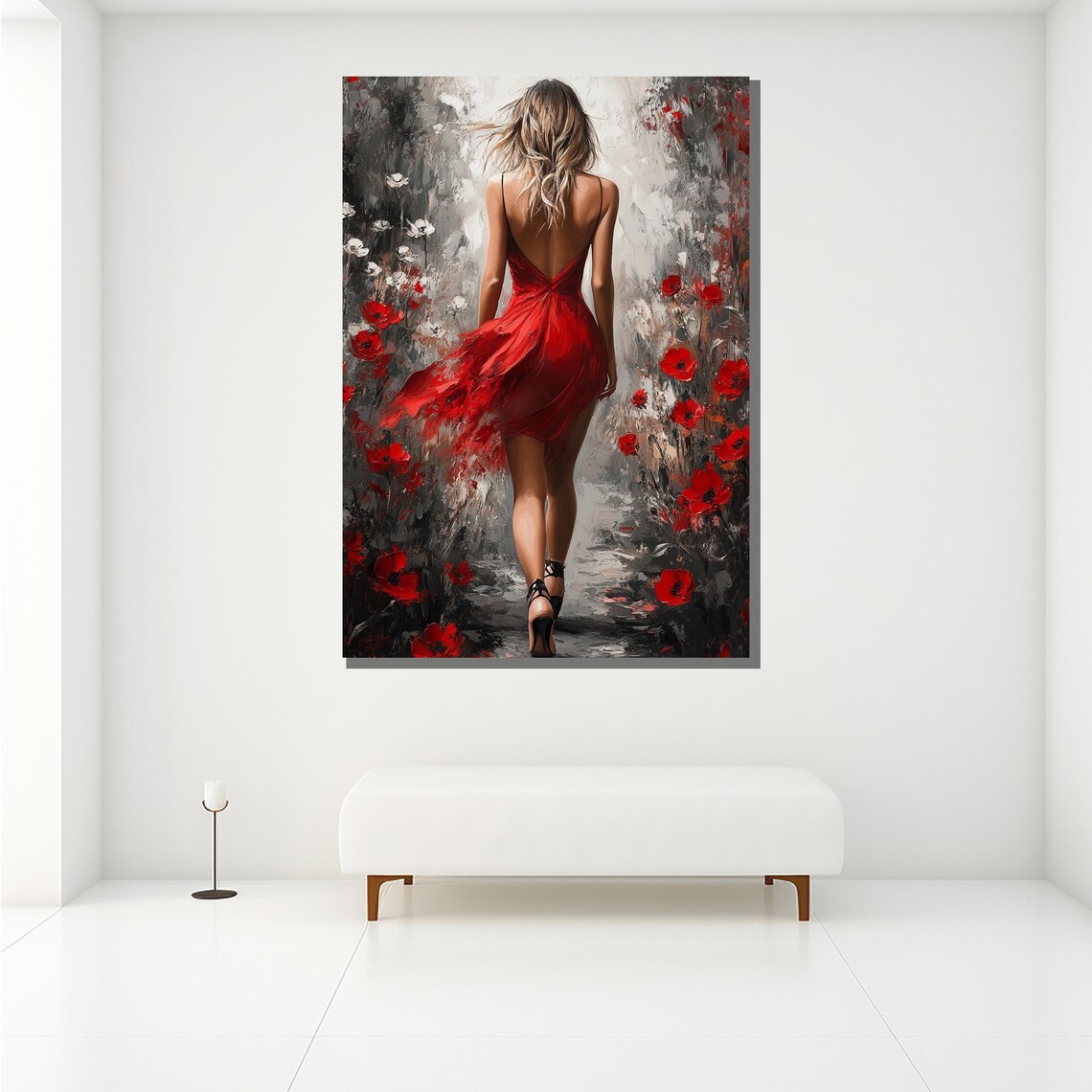 Woman in Red Dress Walking Poppy Field Romantic Floral Art Poster - Image 2