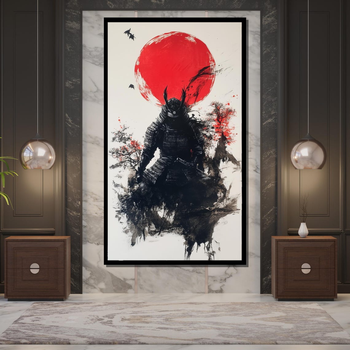 Samurai Warrior Armor Red Sun Japanese Ink Wash Painting Wall Art - Image 5