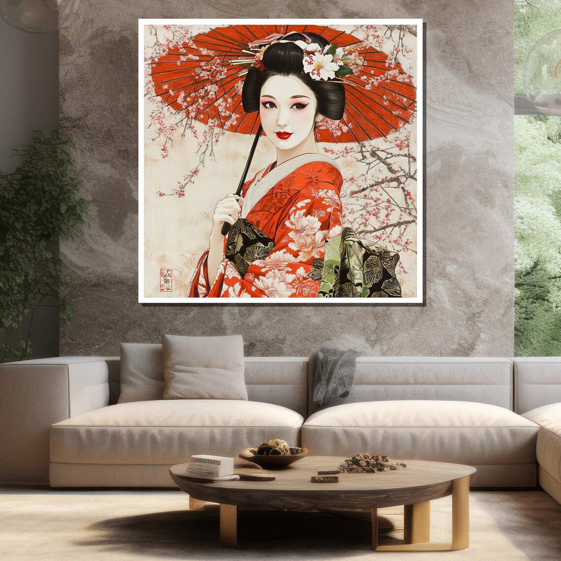 Traditional Geisha Red Umbrella Cherry Blossom Floral Kimono Wall Art - Image 3