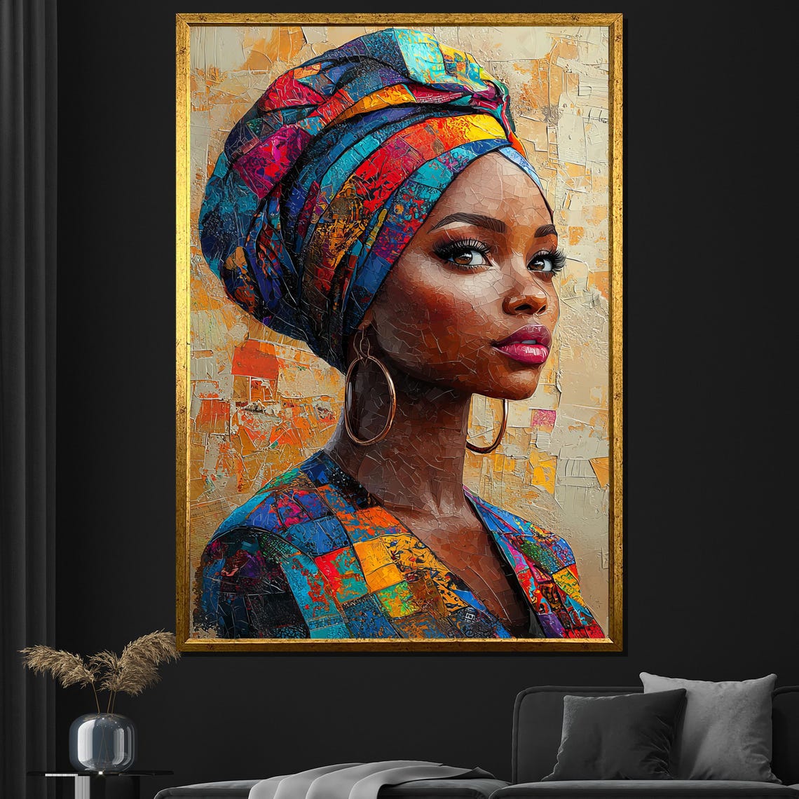 African Woman Portrait With Colorful Headwrap Textured Art Poster
