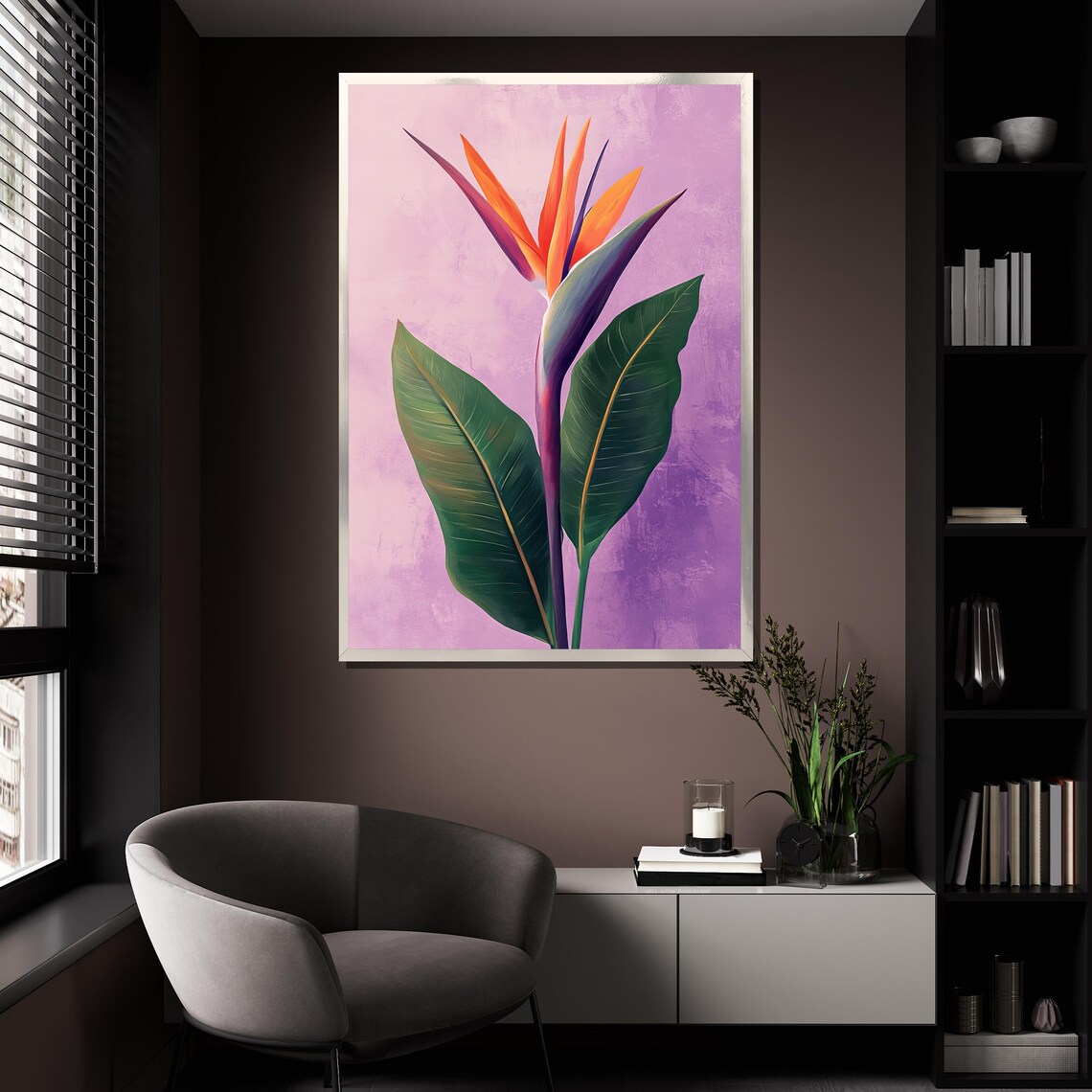 Bird Of Paradise Flower Tropical Painting Purple Background Wall Art - Image 4