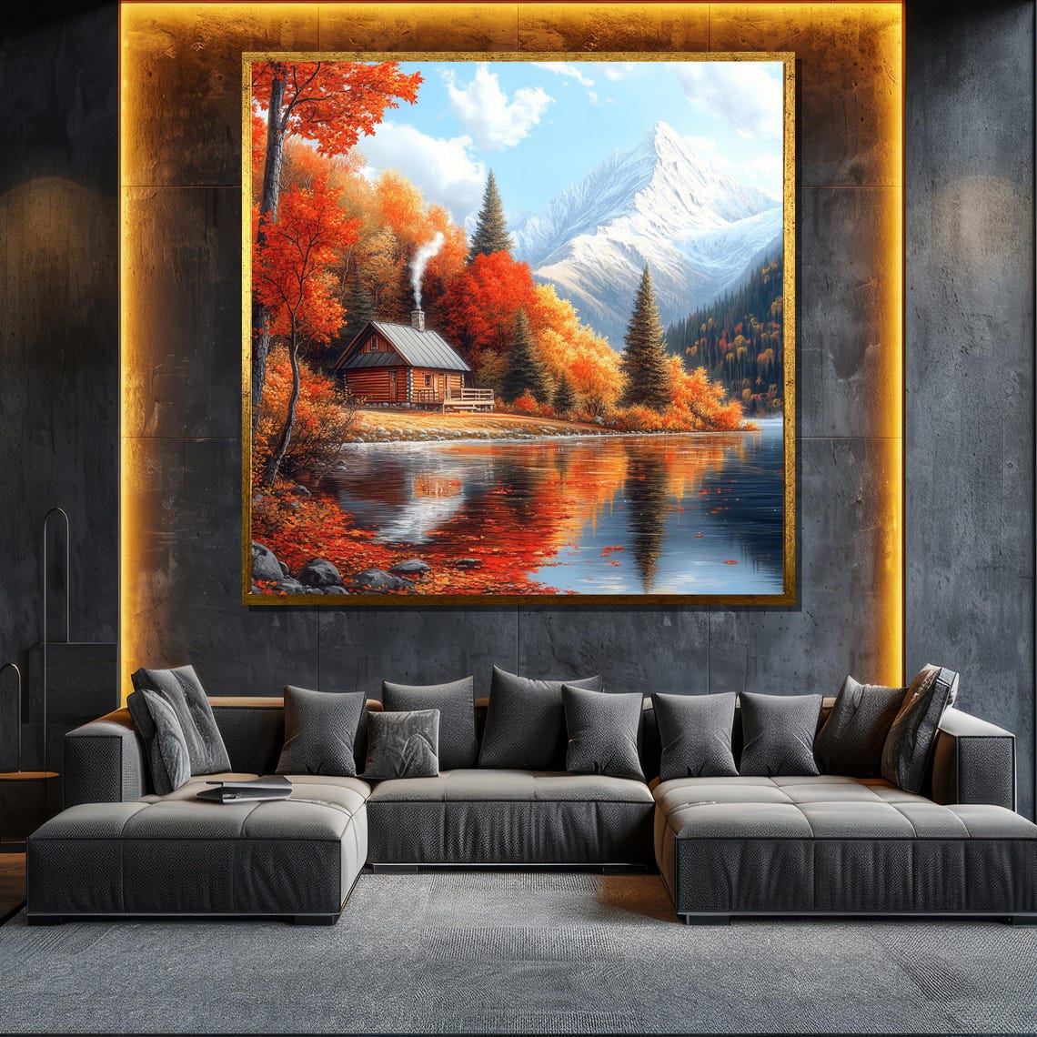 Autumn Cabin Lake Reflection Snowy Mountain Fall Foliage Poster