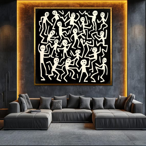 Abstract Dancing Figures Painting Modern Black And White Wall Art Minimalist Contemporary Home Decor Gift