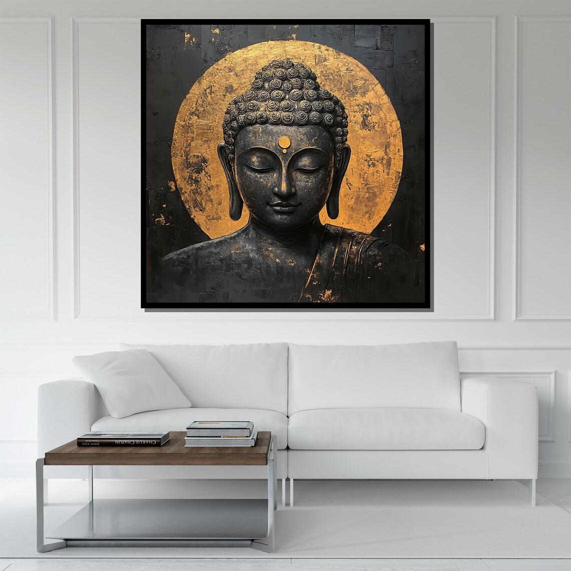 Black Stone Buddha Golden Halo Circle Luxury Zen Meditation Wall Poster - Image 5
