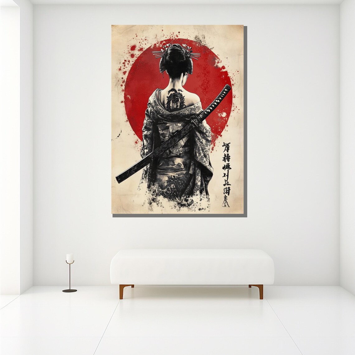 Samurai Woman Ink Painting Dragon Tattoo Red Sun Japanese Art Poster - Image 2