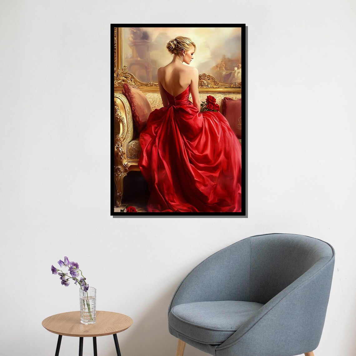 Red Gown Roses Woman Gilded Chair Classic Romantic Oil Painting Poster - Image 5
