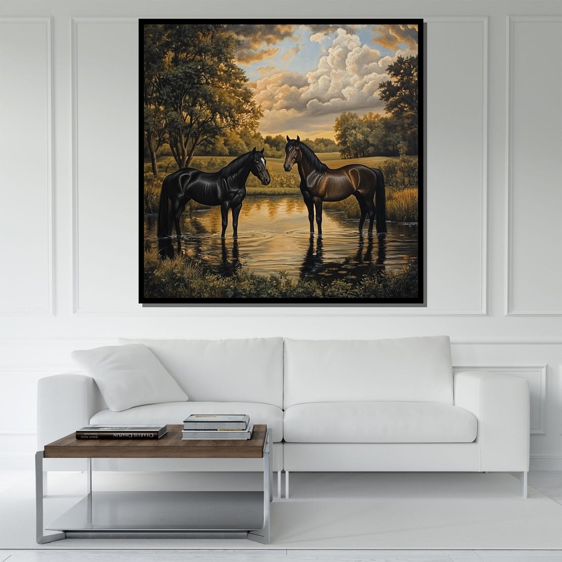 Two Horses Standing Stream Sunset Classical Equine Art Poster - Image 5