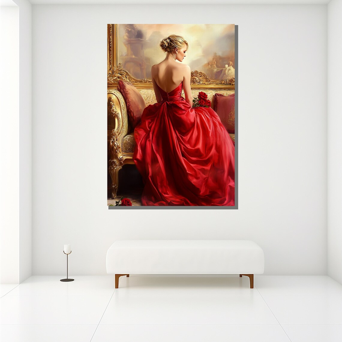 Red Gown Roses Woman Gilded Chair Classic Romantic Oil Painting Poster - Image 2