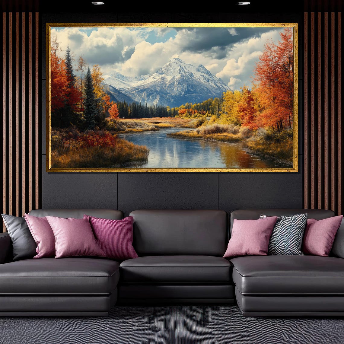 Snow Capped Mountain Autumn Lake Reflection Orange Trees Nature Poster