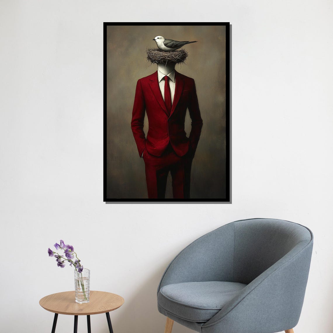 Man In A Red Suit With A Bird Nest For A Head Surreal Poster - Image 5