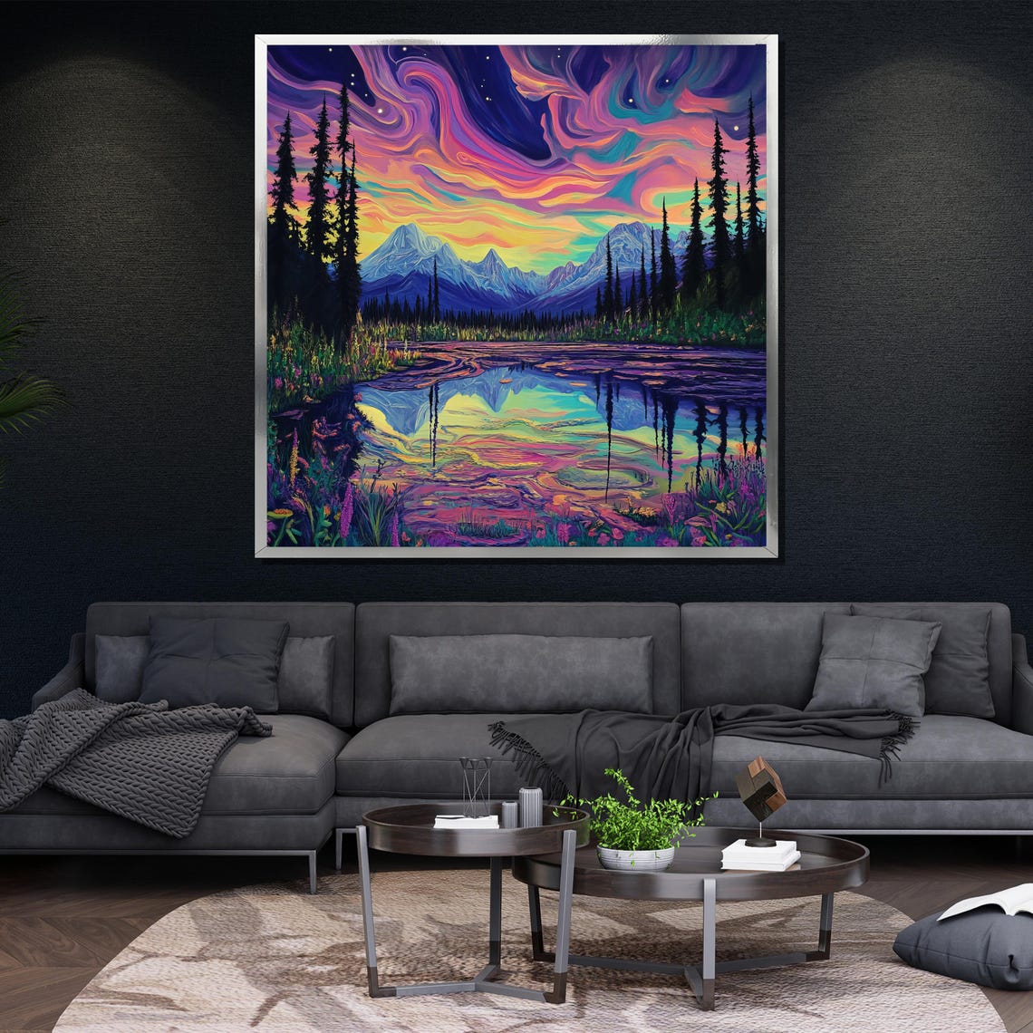 Aurora Over Mountain Lake Painting Colorful Wall Art For Home Decor And Nature Lovers Gift - Image 4