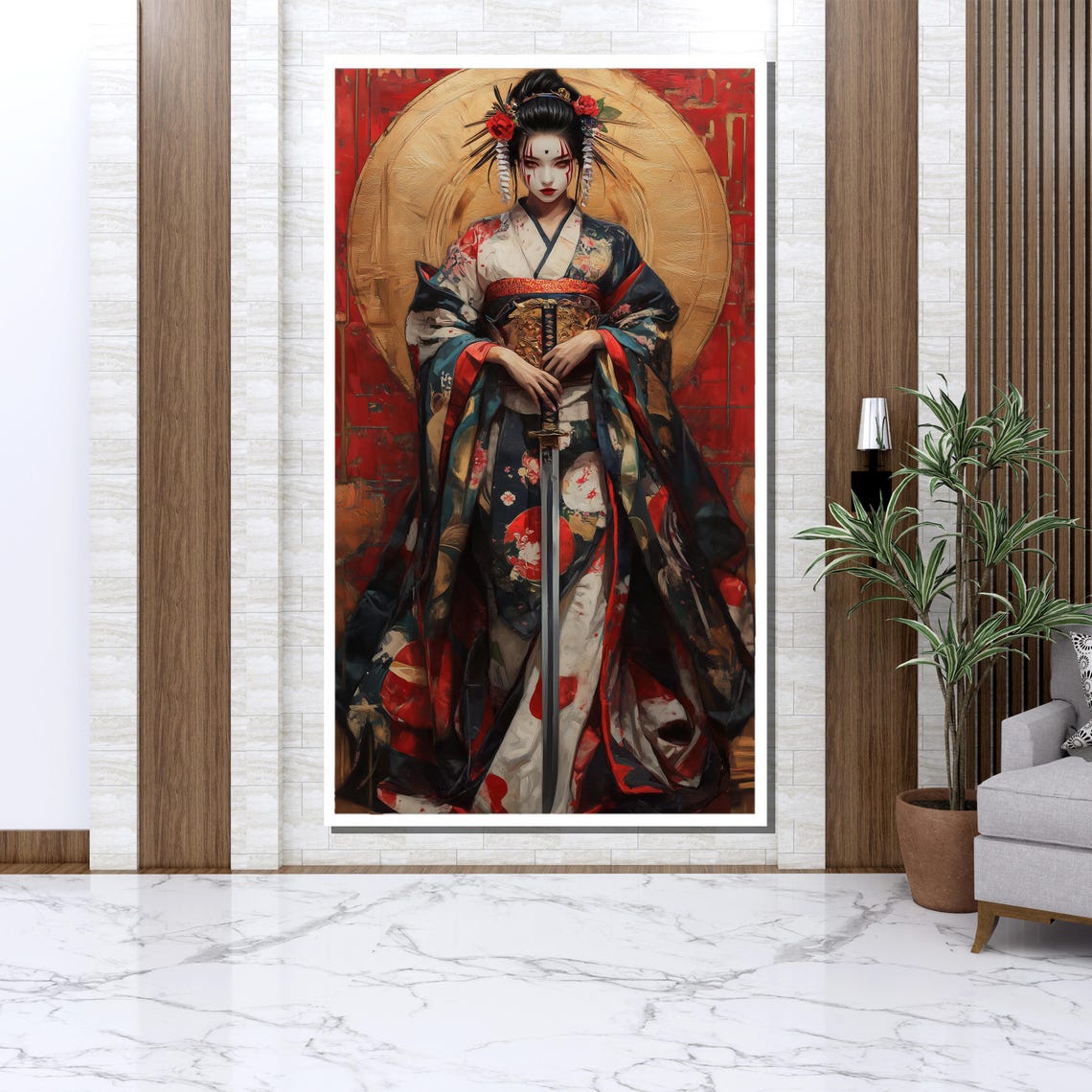 Samurai Geisha Warrior Katana Red Moon Colorful Kimono Japanese Poster - Image 3
