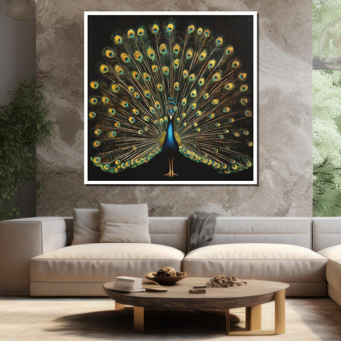 Peacock Fanned Tail Black Background Elegant Bird Art Poster - Image 3