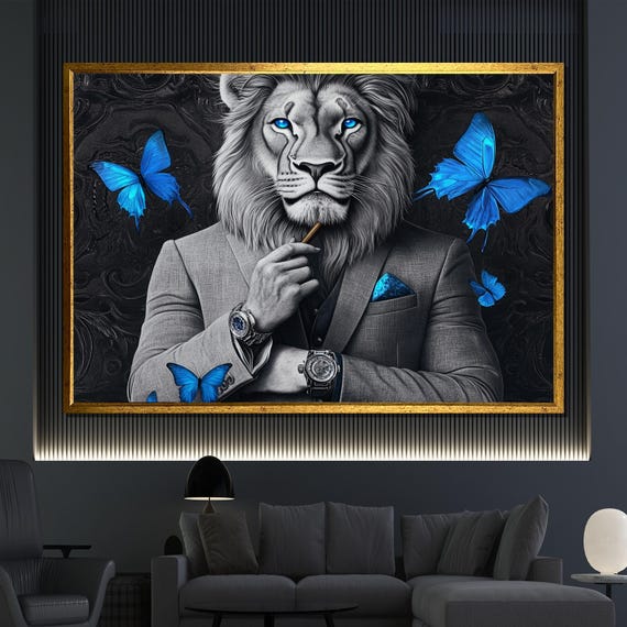 Sophisticated Lion Painting Modern Animal Wall Art With Blue Butterflies Unique Decor For Living Room Gift For Art Lovers