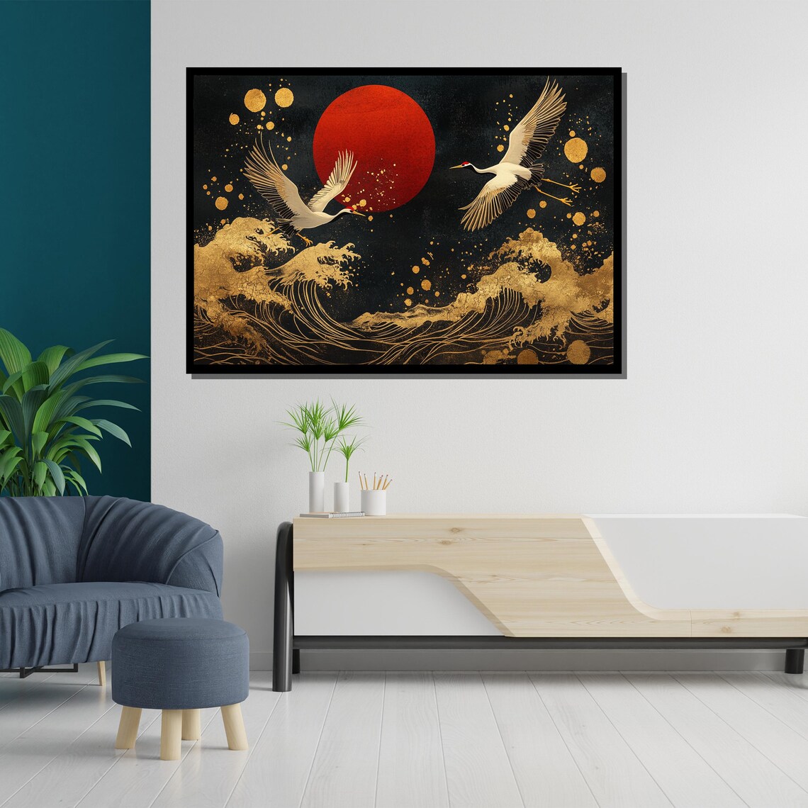 Japanese Cranes Red Sun Gold Ocean Wave Elegant Japanese Art Poster - Image 5