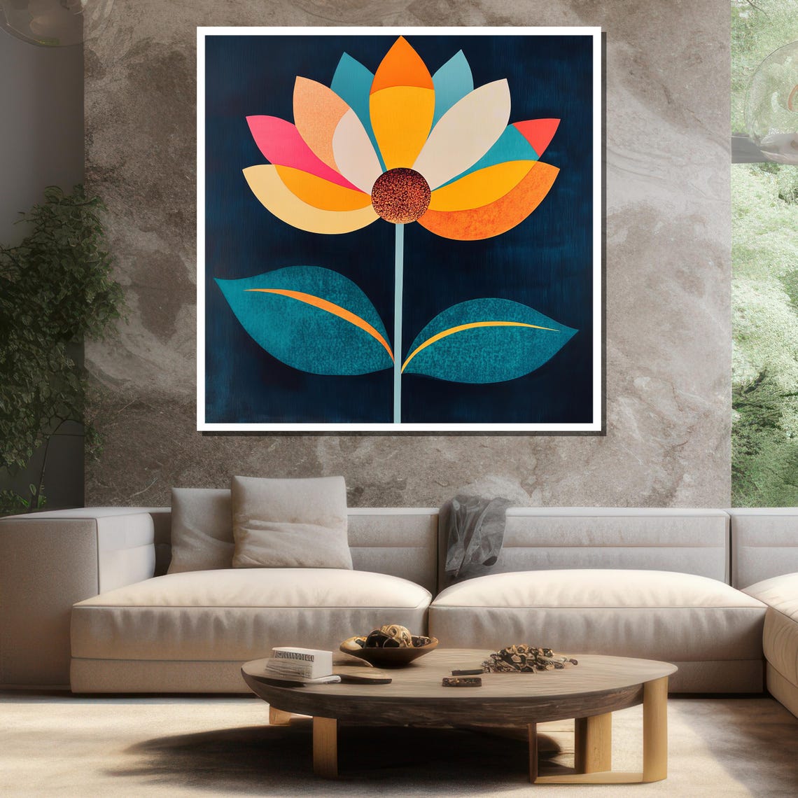 Colorful Geometric Flower On Dark Blue Modern Minimalist Art Poster - Image 3