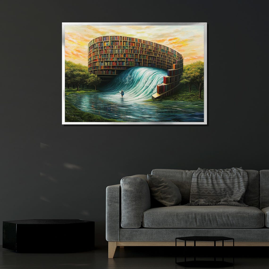Surreal Library Waterfall Painting Fantasy Wall Art Unique Book Lover Decor Dreamy Gift For Readers - Image 4
