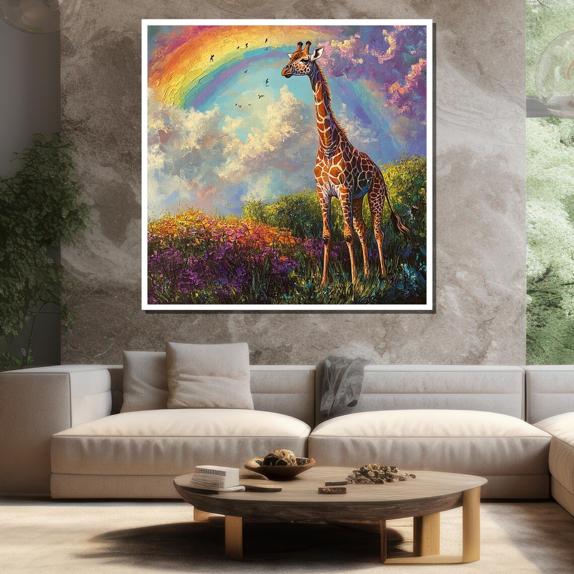 Giraffe Rainbow Meadow Colorful Wildflower Safari Wildlife Wall Art - Image 3