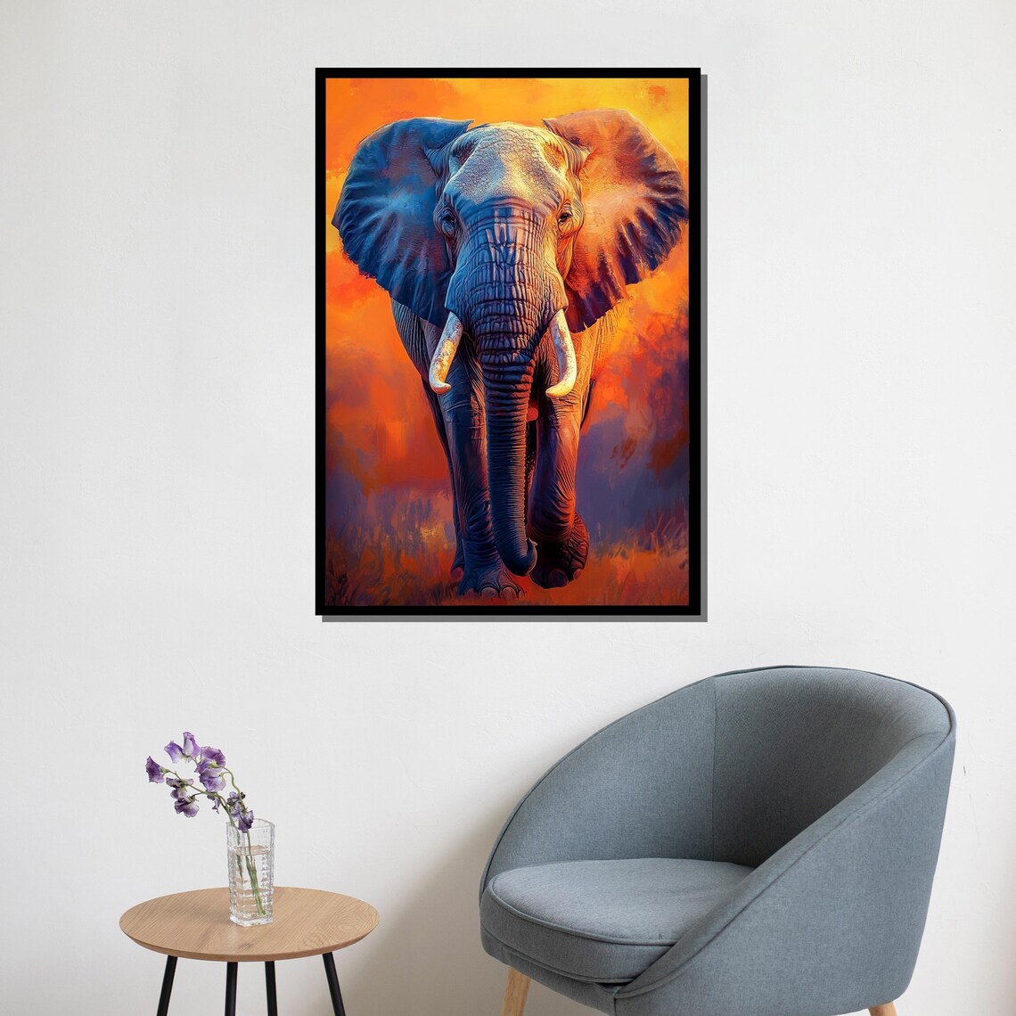 Elephant Walking Sunset Orange Blue Painting Majestic African Wildlife Wall Art Poster - Image 5