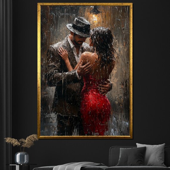 Romantic Couple Dancing In Rain Streetlamp Red Dress Painting Wall Poster