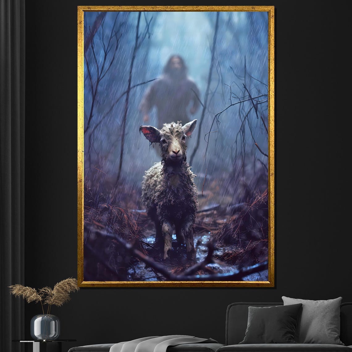 Jesus Finds Lost Lamb Rainy Forest Emotional Christian Art Wall Poster
