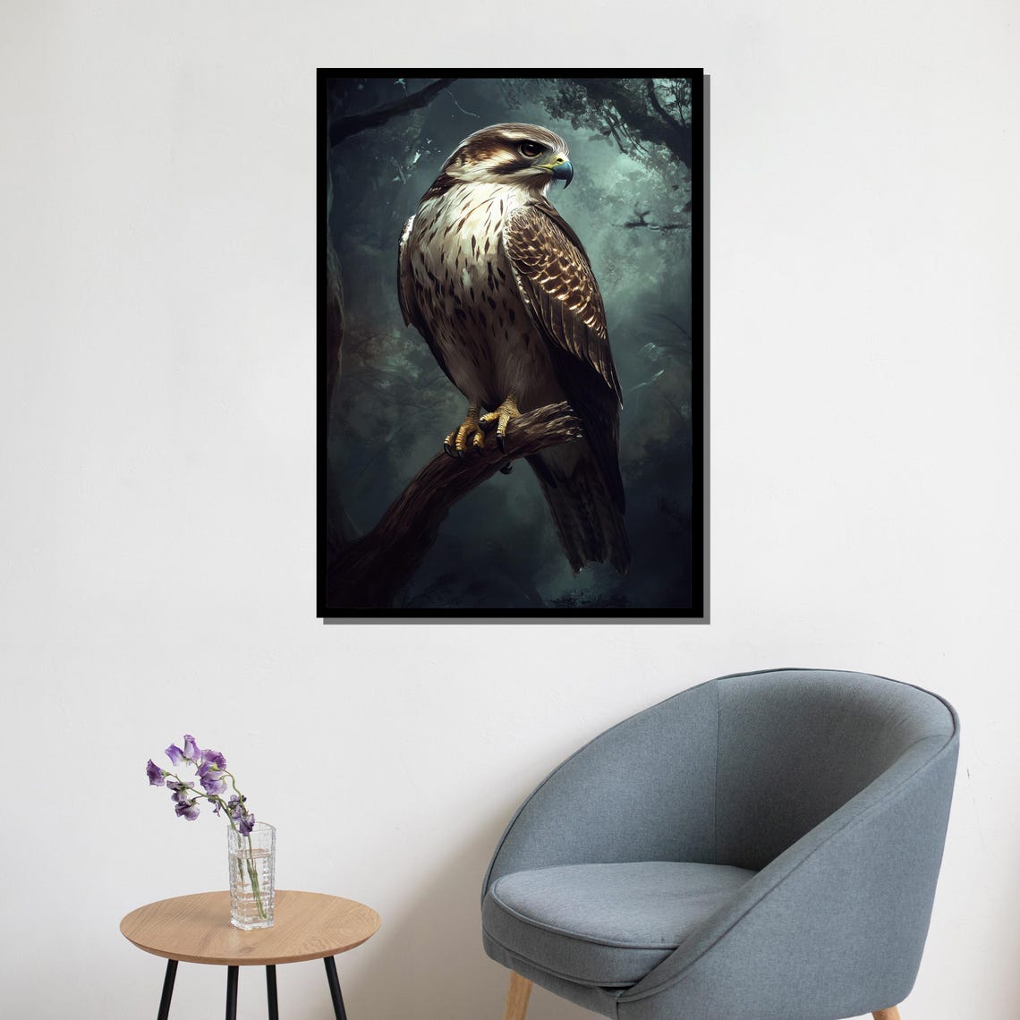 Majestic Hawk Perched On Branch In Misty Dark Forest Painting Poster - Image 5