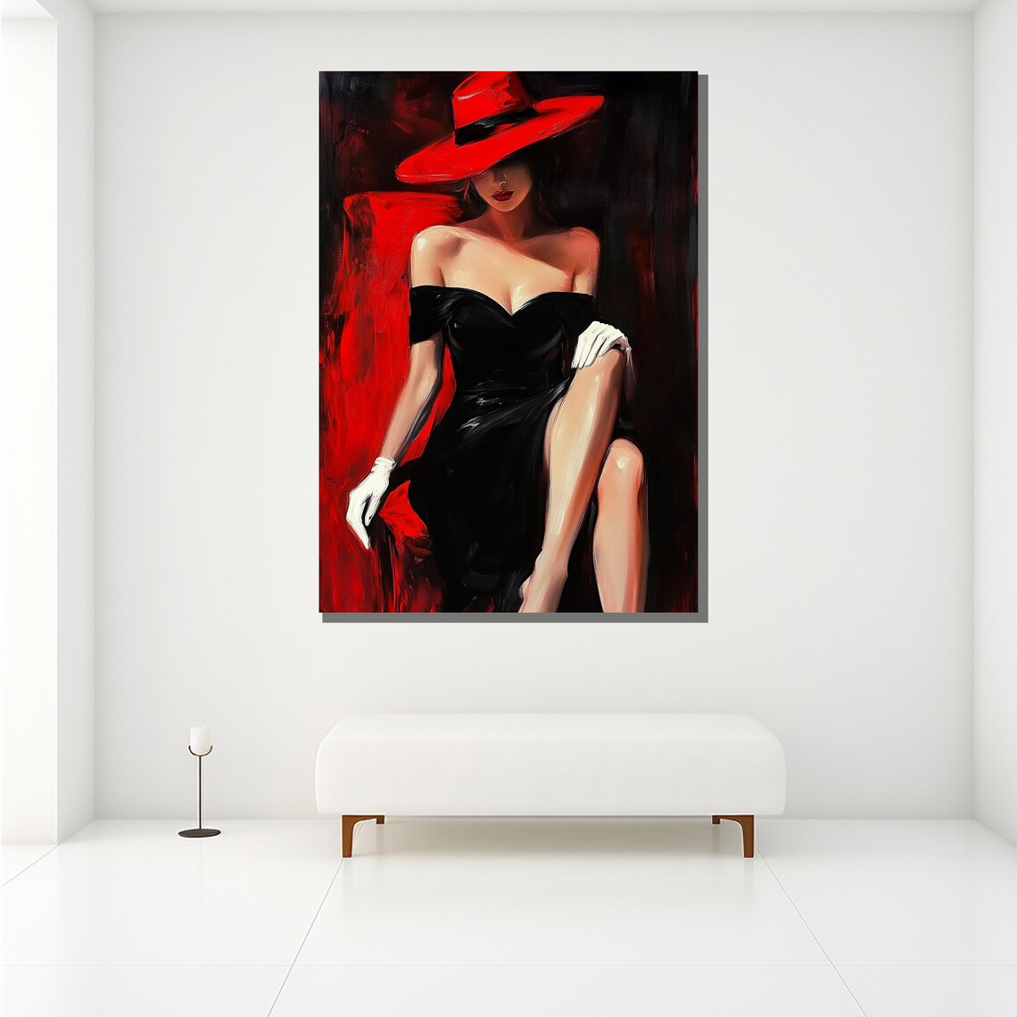 Red Hat Black Dress Woman Elegant Noir Glamour Painting Wall Poster - Image 2