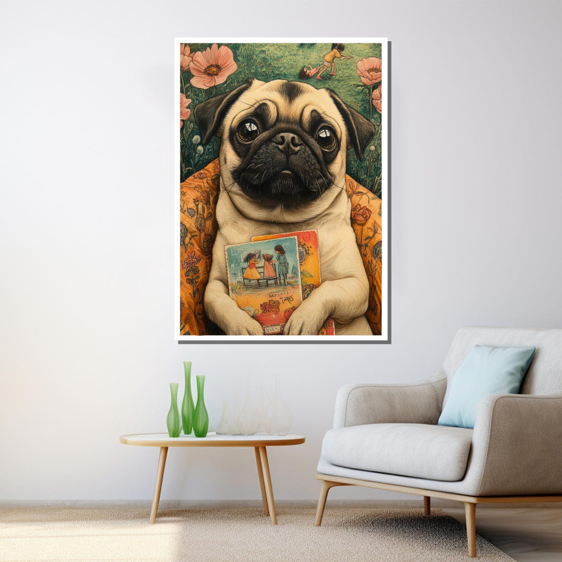 Whimsical Pug Puppy Postcard Storybook Floral Dog Art Poster - Image 3