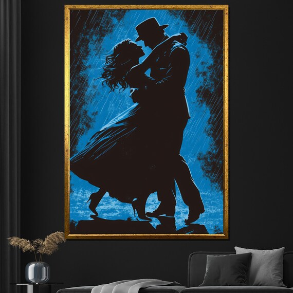Romantic Couple Dancing In Blue Rain Night Silhouette Painting Poster