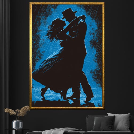Silhouette Of Romantic Dancing Couple Painting Blue Rain Wall Art Textured Oil Painting For Living Room Gift For Lovers