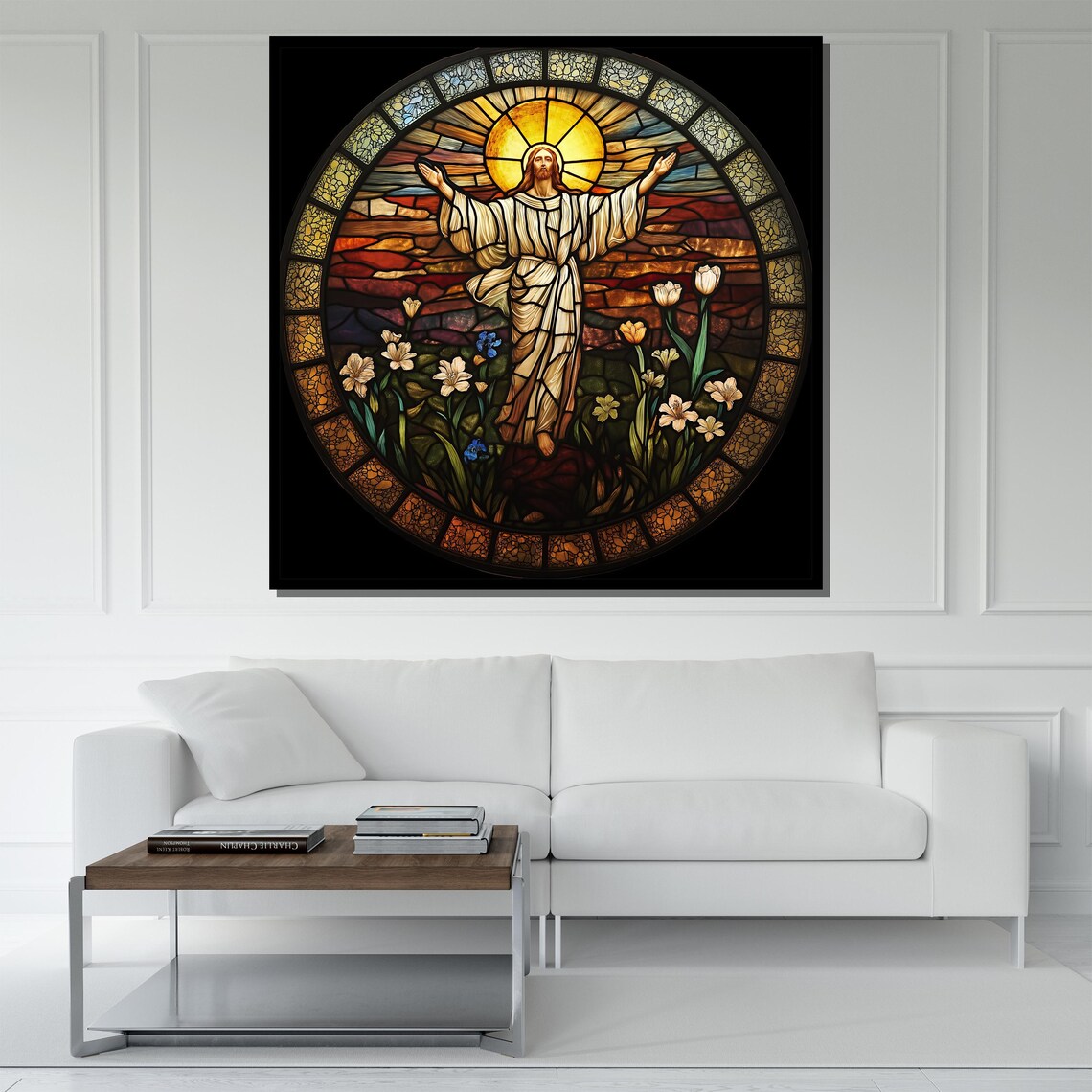Jesus Stained Glass Window Round Church Floral Religious Art Poster - Image 5