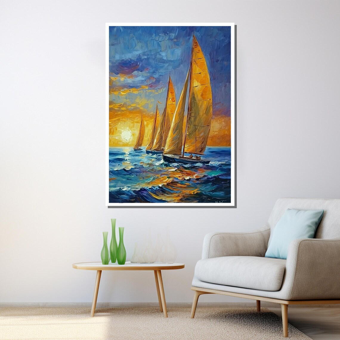 Sailing Boats At Sunset Golden Sails Ocean Oil Painting Art Poster - Image 3
