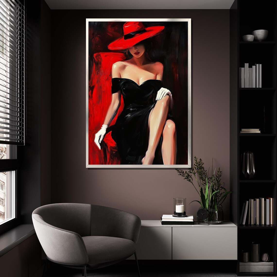 Red Hat Black Dress Woman Elegant Noir Glamour Painting Wall Poster - Image 4