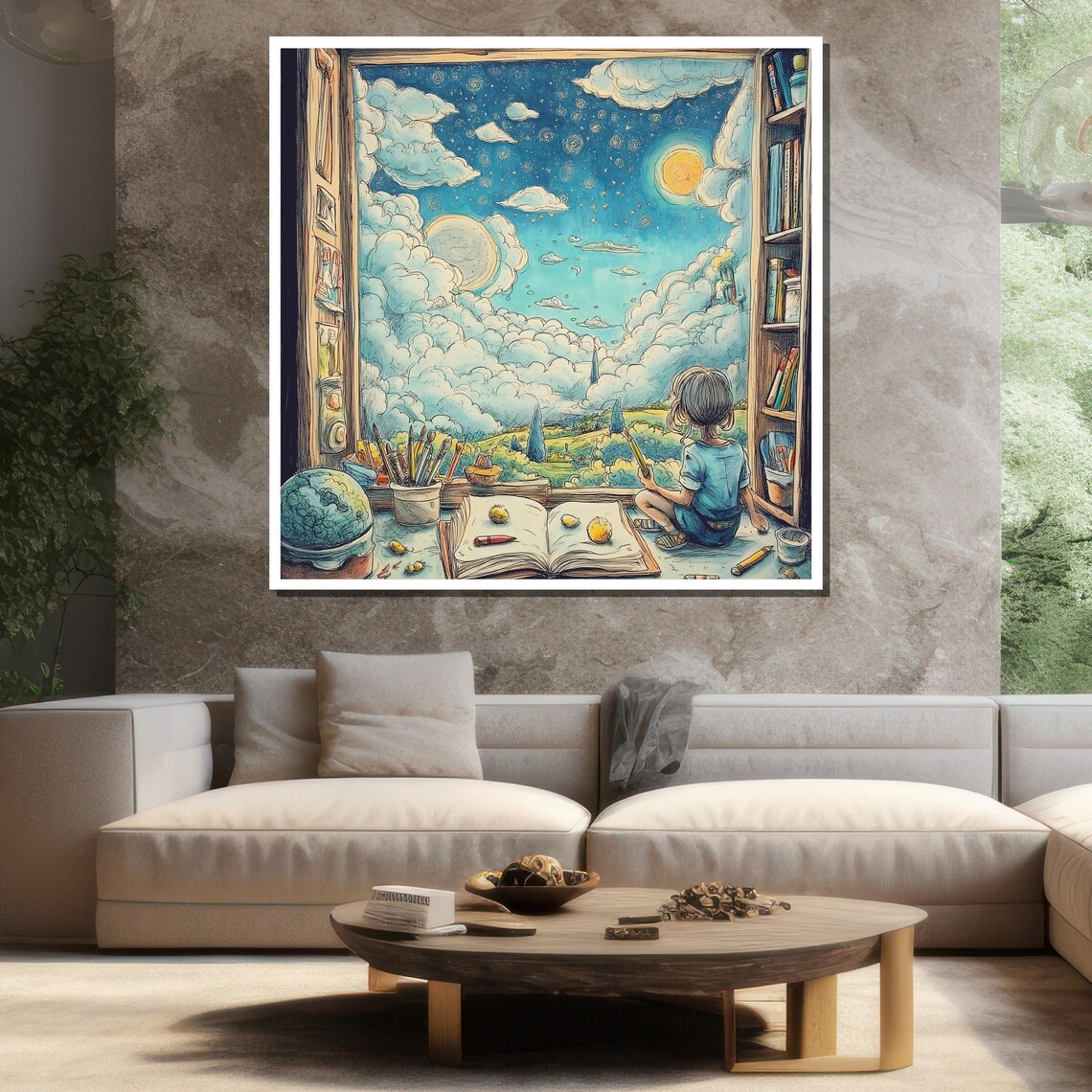 Child Gazing Out A Storybook Window At The Moonlit Night Sky Poster - Image 3