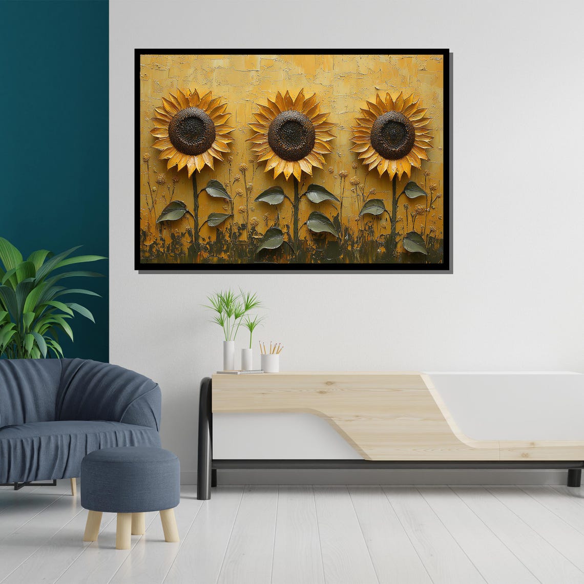 Golden Sunflowers Trio Textured Gold Impasto Painting Rustic Wall Art - Image 5