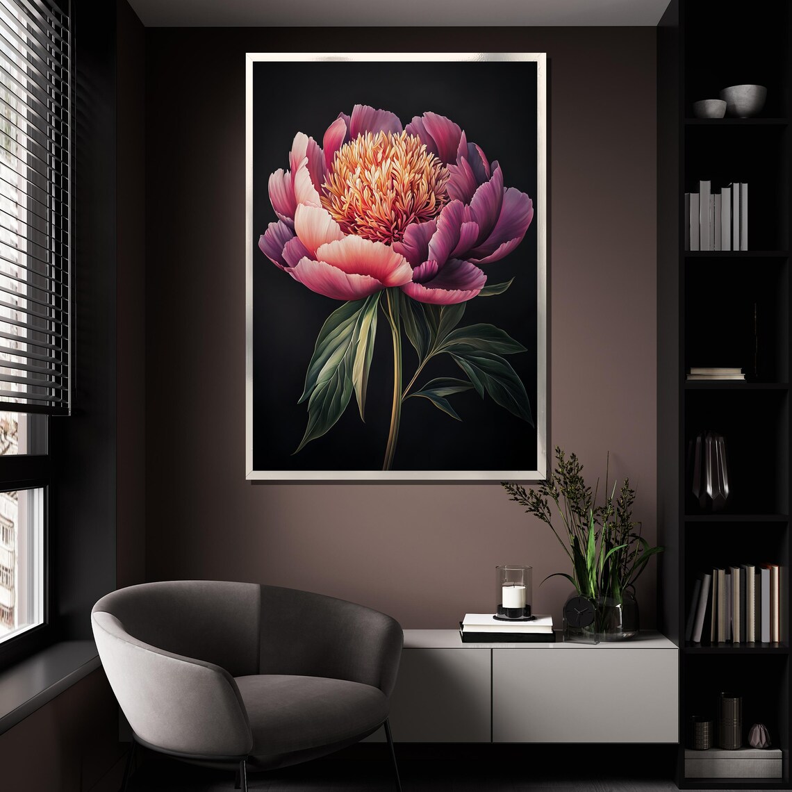 Pink Peony Bloom On Black Background Elegant Floral Wall Art Poster - Image 4